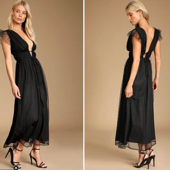 Lulus Yours Evermore Black Swiss Dot Ruffled Midi Dress - Picture 2 of 8